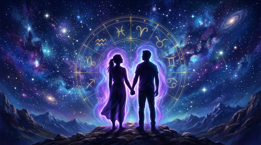 Couple silhouetted under cosmos with overlapping astrology chart wheels representing composite chart calculation