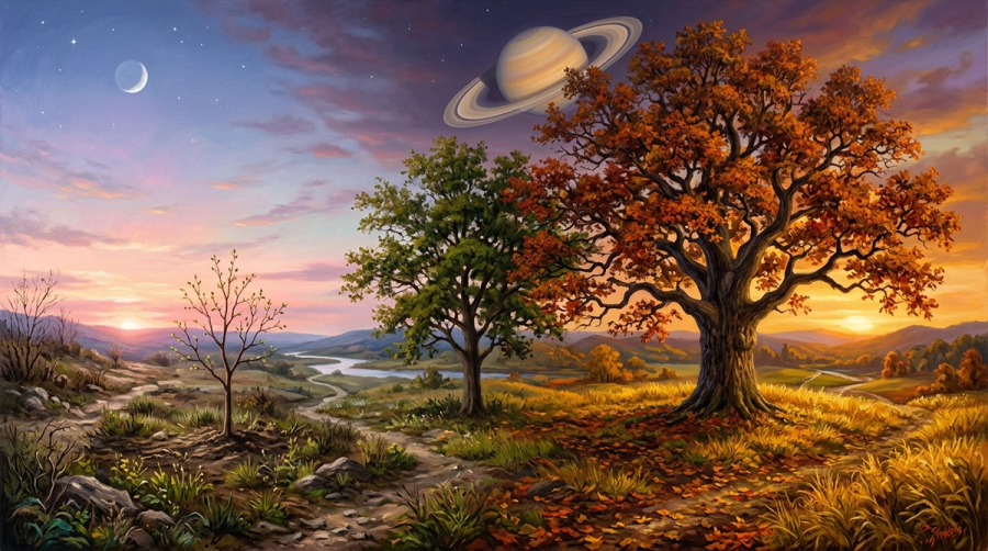 Tree growing from seedling to mighty oak representing Saturn retrograde late bloomer pattern