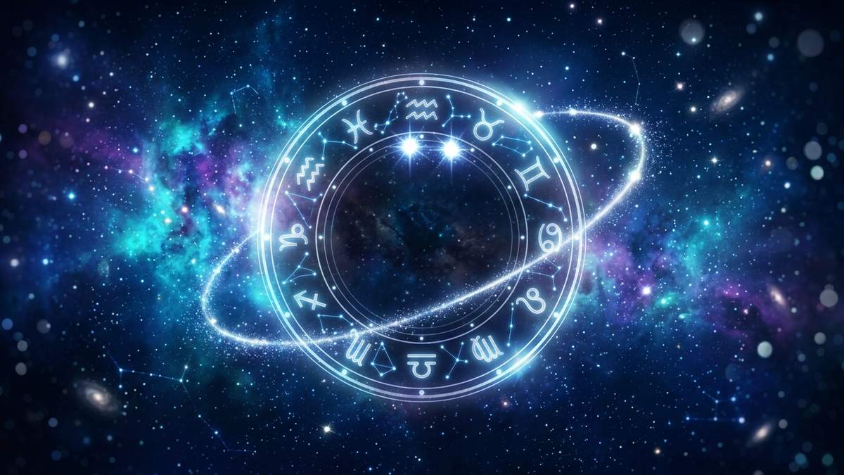 Celestial clock with a zodiac wheel and two converging stars for when will i meet my soulmate astrology
