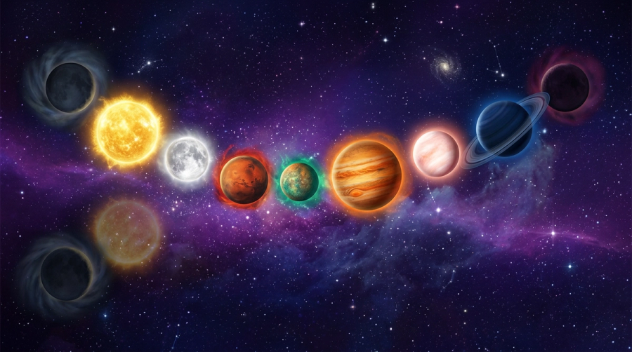 Nine planets of Vedic astrology from Sun to Ketu arranged across cosmic space