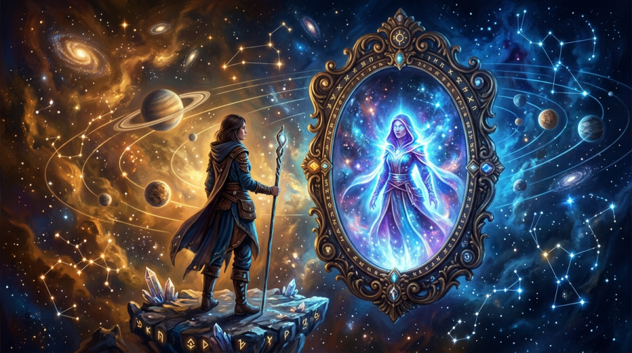 Cosmic mirror scene showing a figure and their twin flame reflection with zodiac constellations