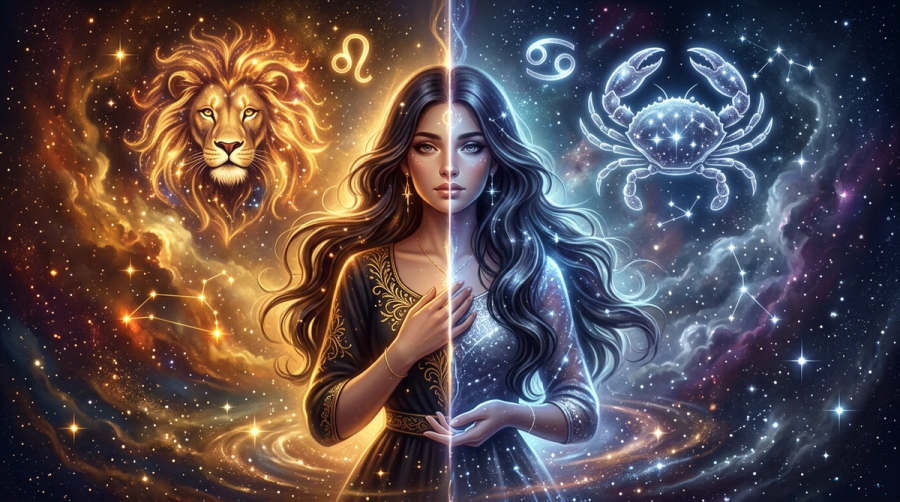 Split comparison showing how a person can be Leo in tropical astrology but Cancer in sidereal astrology