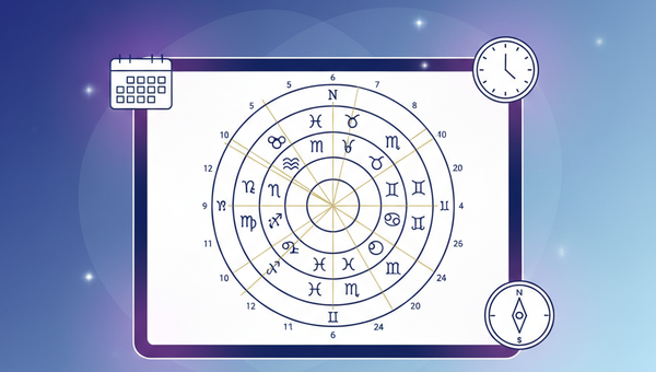 Экран с натальной картой и иконки данных рождения вокруг него