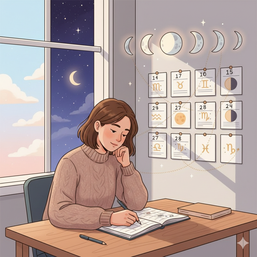 Иллюстрация: человек планирует месяц на столе, с луной и звёздами вокруг, символизирует астрологическое планирование