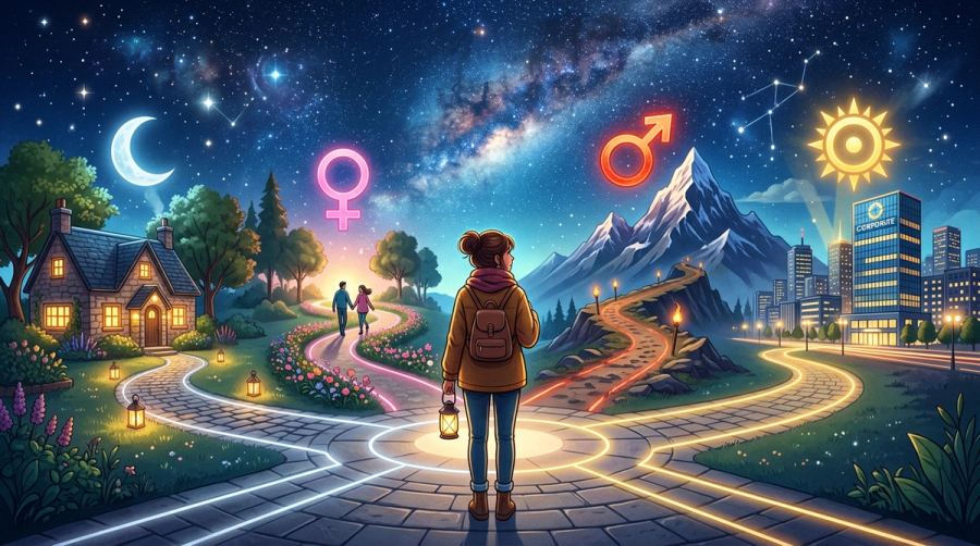 Person at a crossroads with planetary paths leading to career, home, love, and adventure