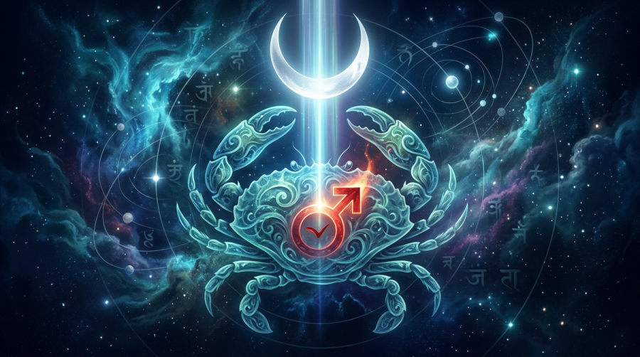A crescent moon beam re-igniting a dimmed Mars glyph inside a crab shell motif