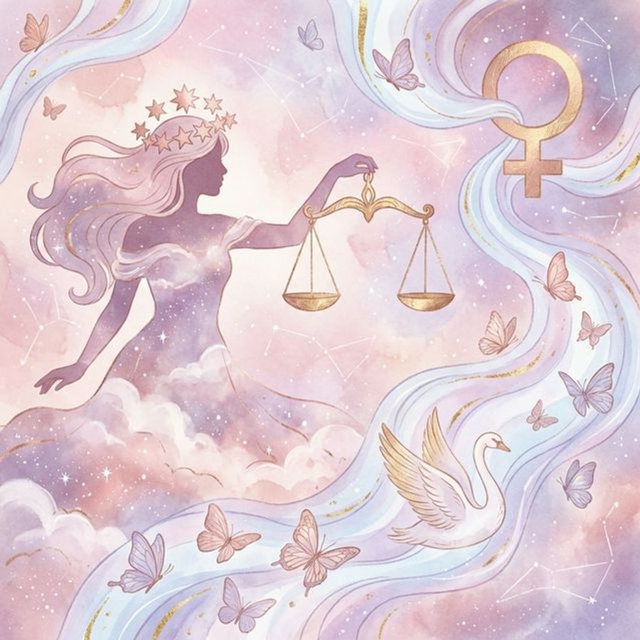 Libra zodiac traits infographic with Venus symbol, balance scales, air element, swan spirit animal in rose gold and lavender cosmic art