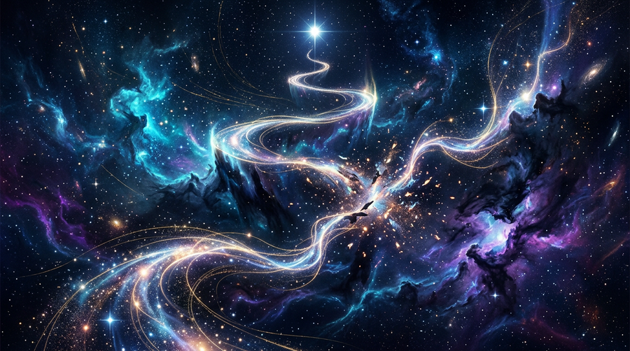 Glowing winding path of starlight rising and falling through deep space, symbolizing a non-linear career journey