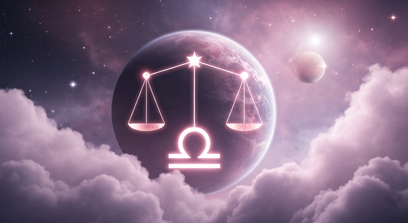Libra love horoscope with glowing golden scales in pink and rose gold cosmic scene