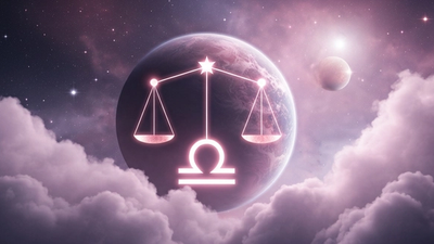 Libra love horoscope with glowing golden scales in pink and rose gold cosmic scene