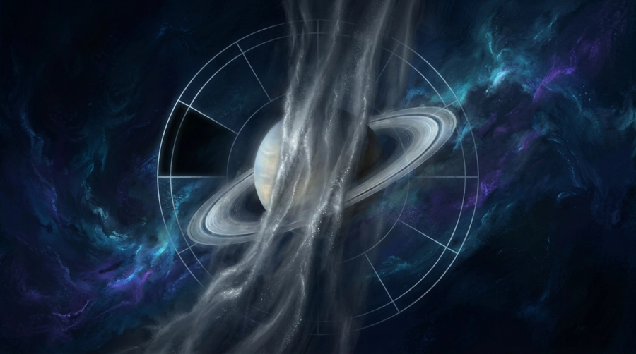 A ringed Saturn half-hidden behind a swirling cosmic veil overlaid on a chart wheel with the twelfth house in deep shadow
