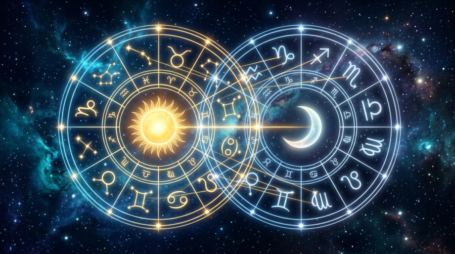 Two overlapping natal chart wheels with glowing lines connecting a Sun symbol to a Moon symbol between two birth dates