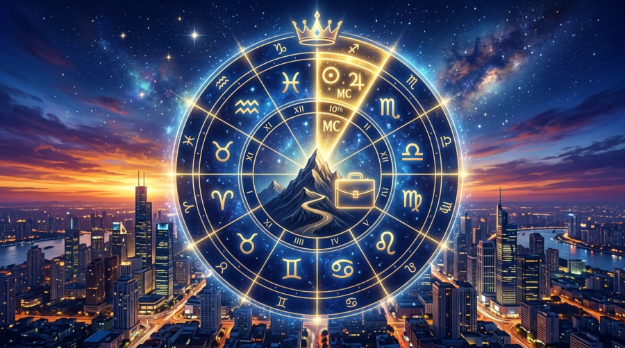 Astrological 10th house career indicators with planetary symbols and professional icons