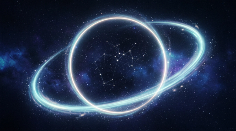 An orbital ring closing back on itself among distant stars representing chiron returning to its natal position