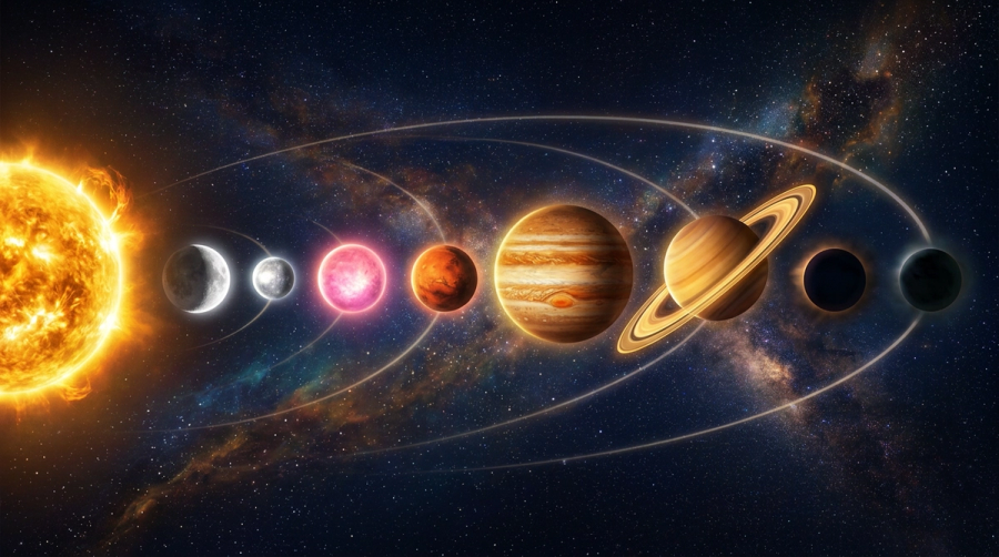 Nine planets of Vedic astrology arranged in cosmic space from Sun to Ketu