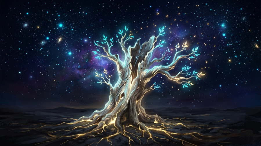 A solitary figure of light suspended in cosmic dusk representing the midlife reckoning of the chiron return