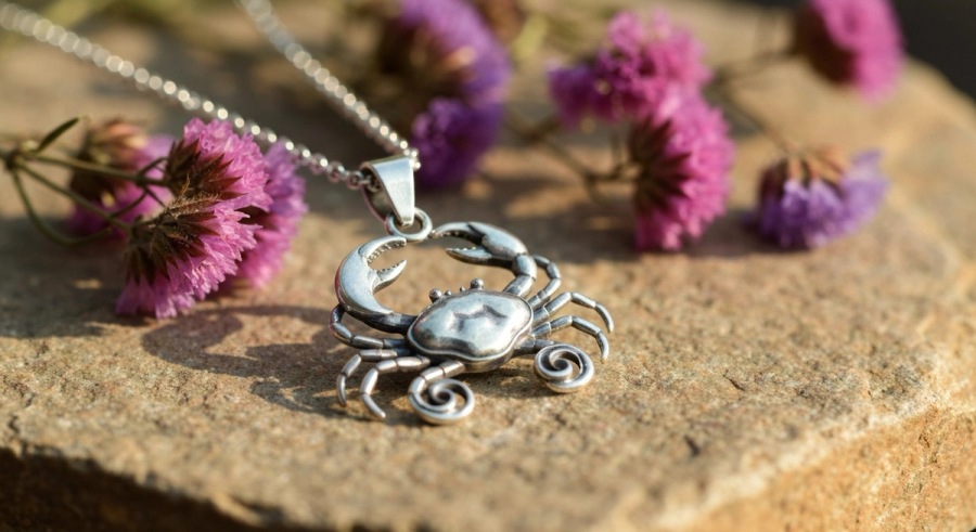 Cancer zodiac crab pendant necklace in sterling silver with crescent moon detail
