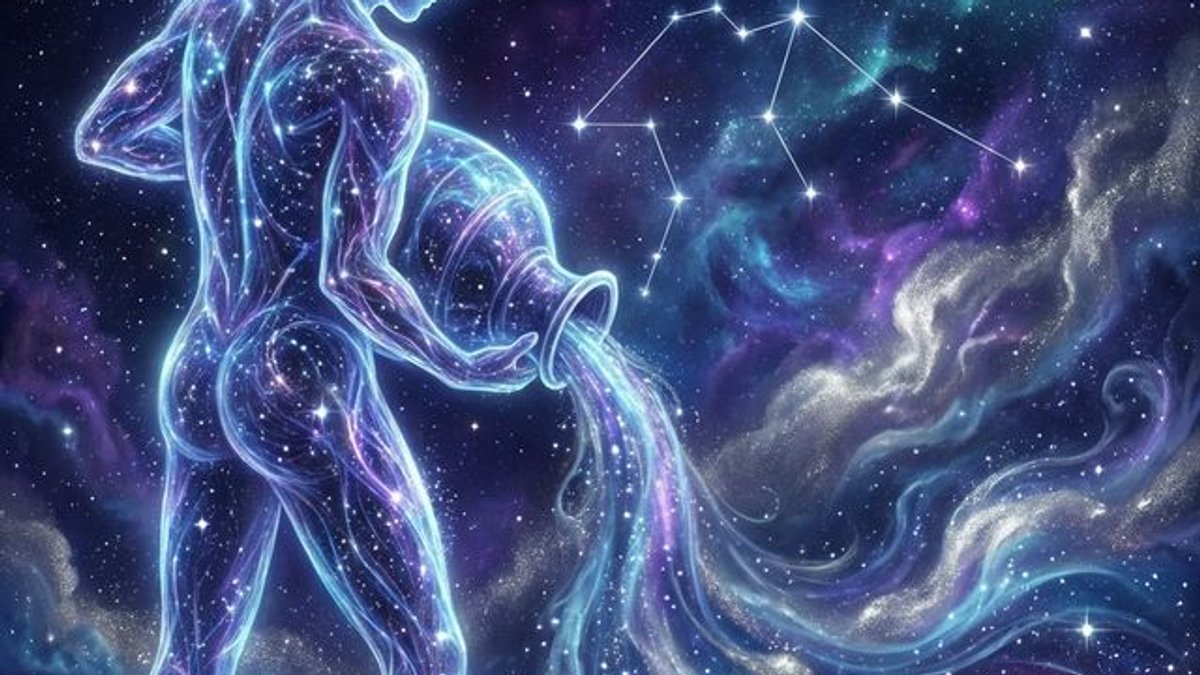 February 17 zodiac sign Aquarius water bearer illustration with cosmic starlight and Uranus planet in deep space
