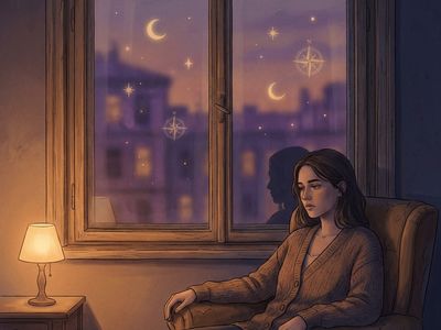 Женщина у окна смотрит на свое отражение, в котором виднеются астрологические символы