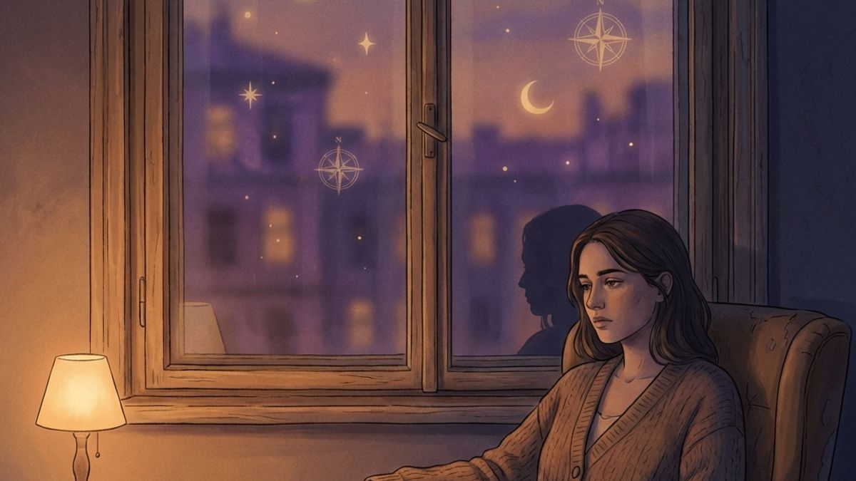 Женщина у окна смотрит на свое отражение, в котором виднеются астрологические символы