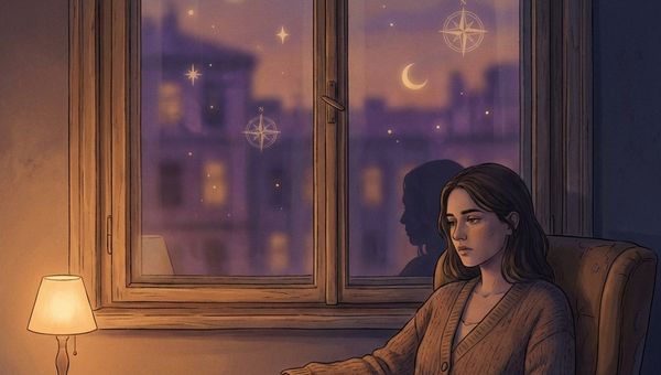 Женщина у окна смотрит на свое отражение, в котором виднеются астрологические символы