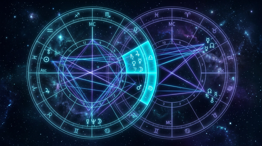 Two overlapping birth chart wheels with glowing aspect lines and a highlighted seventh house sector