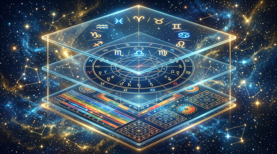 Three layers of horoscope accuracy shown as concentric rings from calculation to system to personalization
