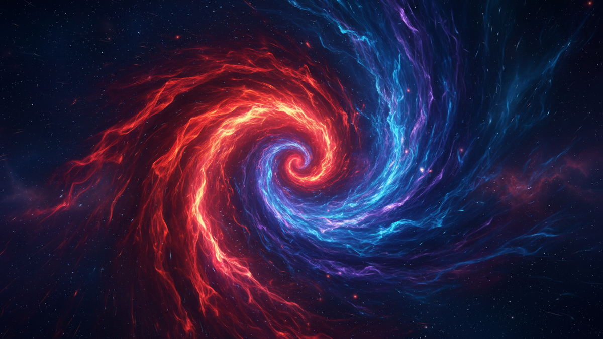Aries Scorpio compatibility shown as red fire meeting an indigo cosmic current