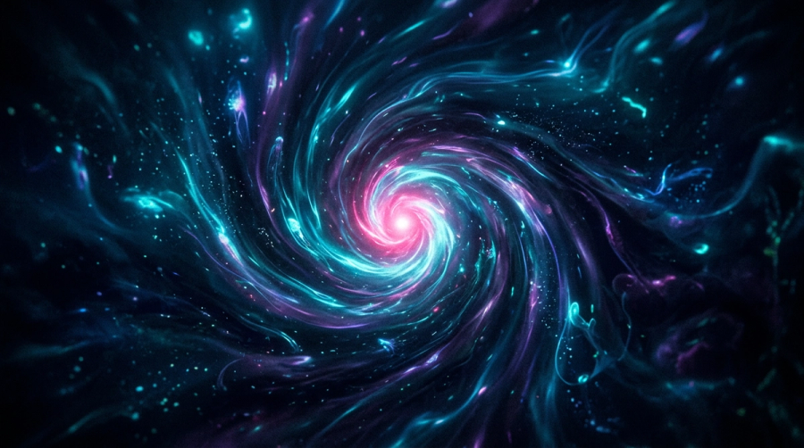 A magnetic whirlpool of cyan and violet light deep in dark water symbolizing all-or-nothing Venus in Scorpio love