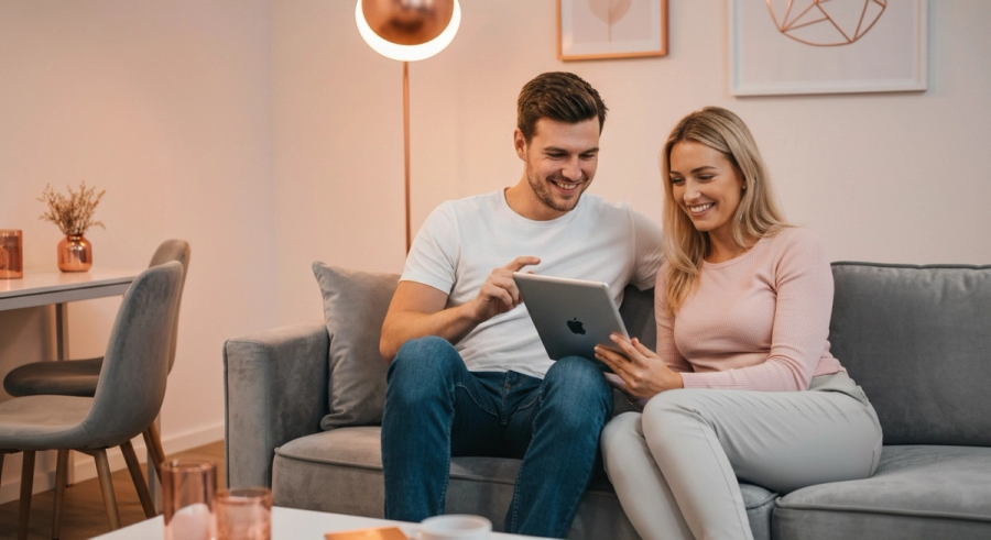 Пара проходит тест на совместимость вместе на диване с планшетом