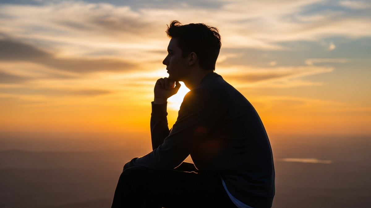Young person sitting alone looking contemplative at sunset, silhouette against golden sky, searching for meaning, cinematic lighting, hopeful atmosphere, inspirational mood