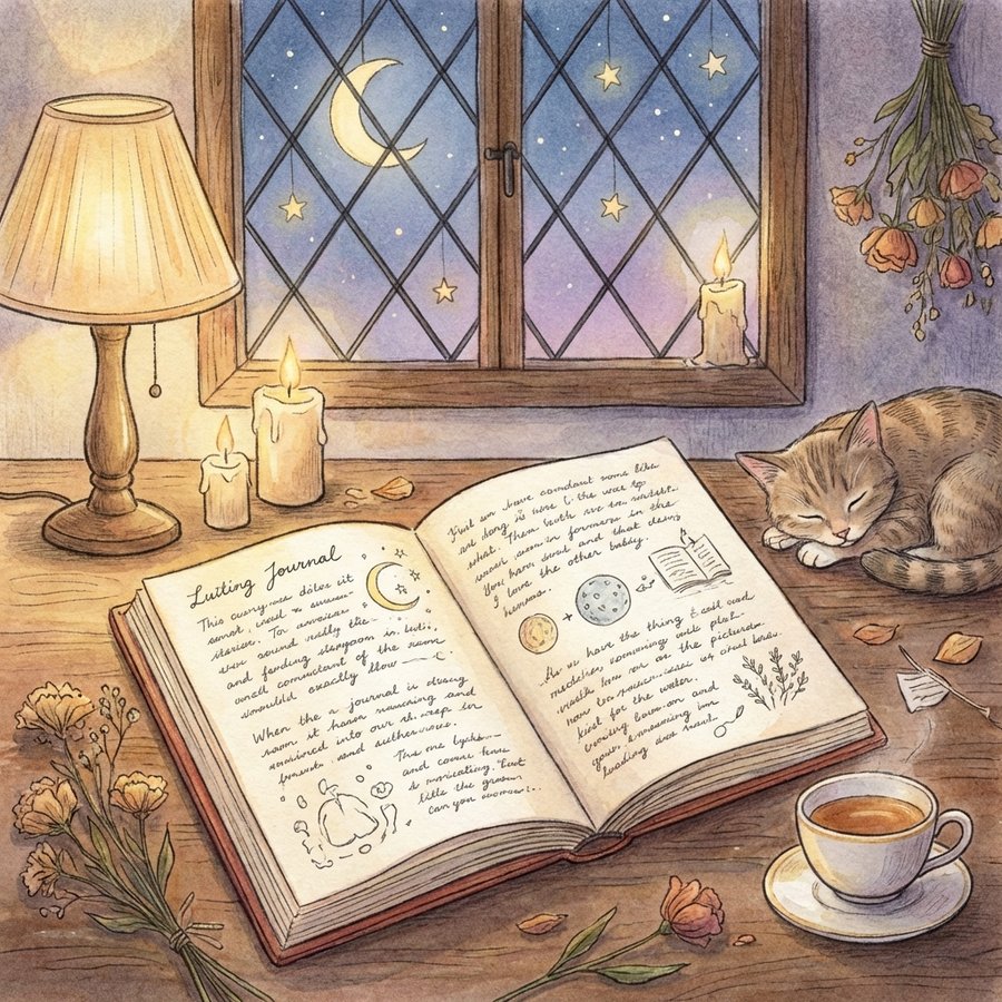 Открытый дневник с размышлениями, луна видна в окне