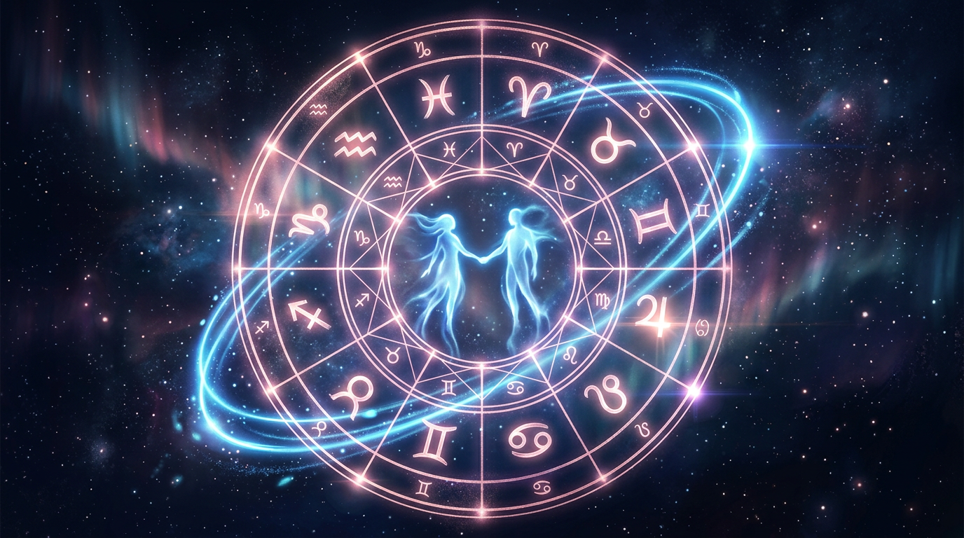 Cosmic chart wheel with planetary transits sweeping through houses and two luminous figures at the center showing transits for love