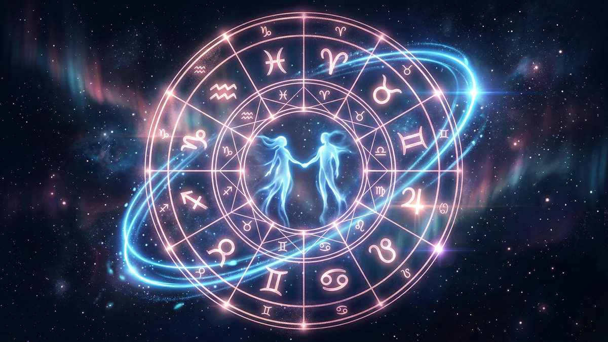 Cosmic chart wheel with planetary transits sweeping through houses and two luminous figures at the center showing transits for love
