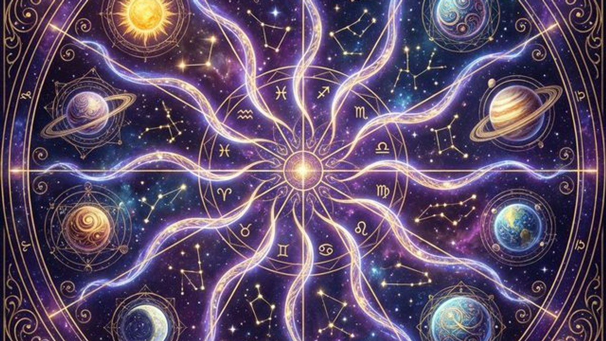 12 astrological houses natal chart zodiac wheel with planets and sacred geometry in cosmic purple and gold setting