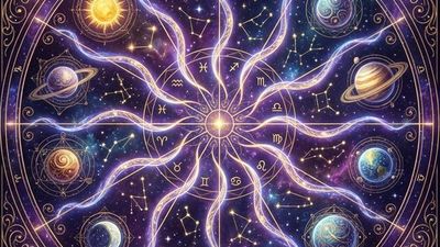 12 astrological houses natal chart zodiac wheel with planets and sacred geometry in cosmic purple and gold setting
