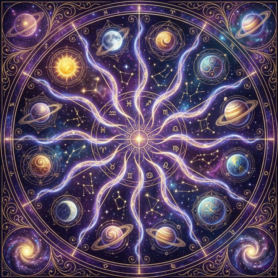 12 astrological houses natal chart zodiac wheel with planets and sacred geometry in cosmic purple and gold setting