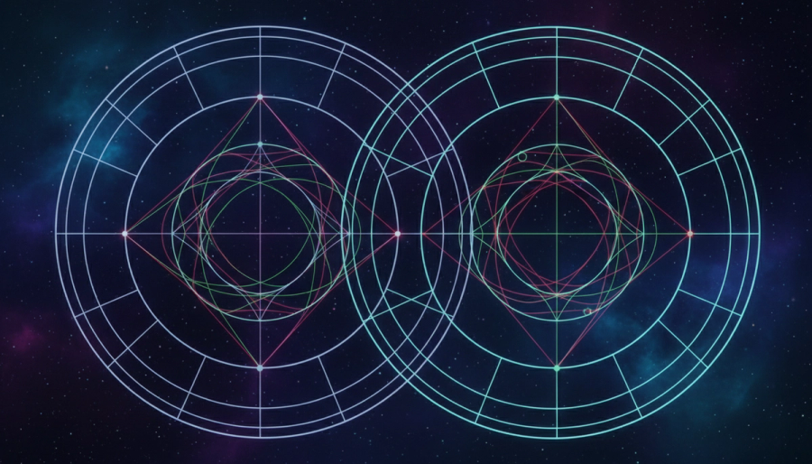 Overlapping natal chart circles with Mars and Venus orbit lines