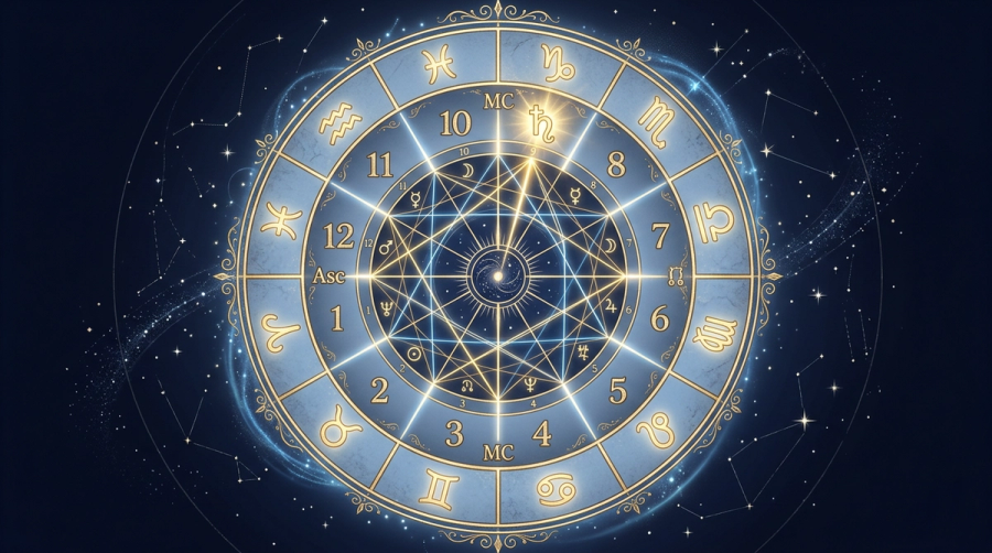 Western astrology birth chart wheel with Saturn highlighted showing house placements