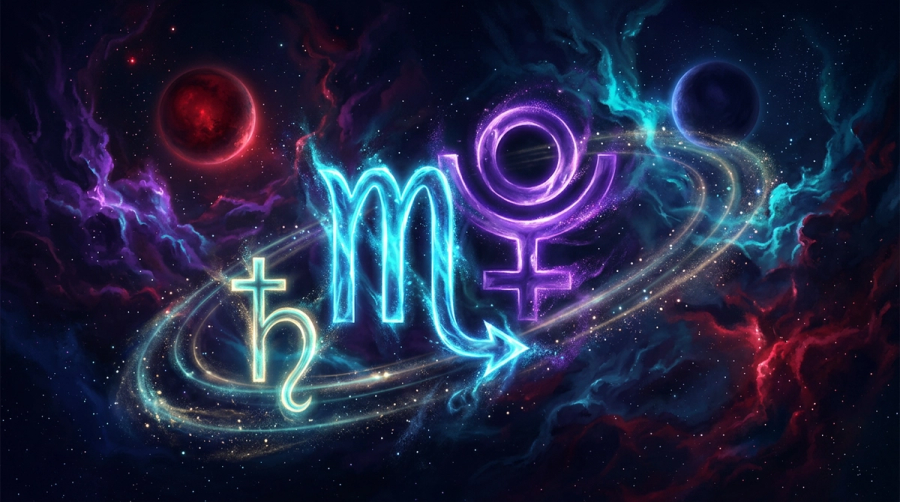 Scorpio glyph and Pluto symbol intertwined with Saturn in cosmic gravity representing Scorpio synastry compatibility