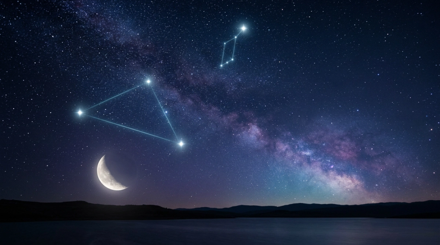 Waxing crescent Moon rising over a horizon with two bright stars linked in a glowing trine under the Milky Way
