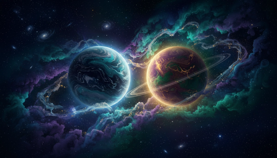 A soft moonlit cosmic home protected by a warm earth-toned constellation