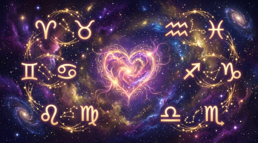 Couple under a night sky with visible planetary alignments representing fated astrological timing