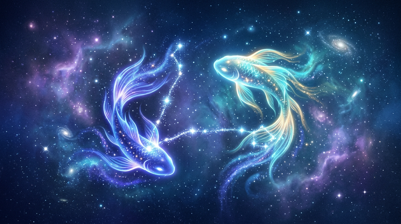 Pisces woman personality — twin fish constellation in violet and aquamarine representing dreams and emotional depth