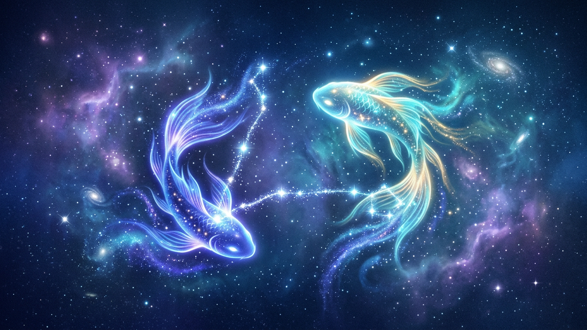 Pisces woman personality — twin fish constellation in violet and aquamarine representing dreams and emotional depth