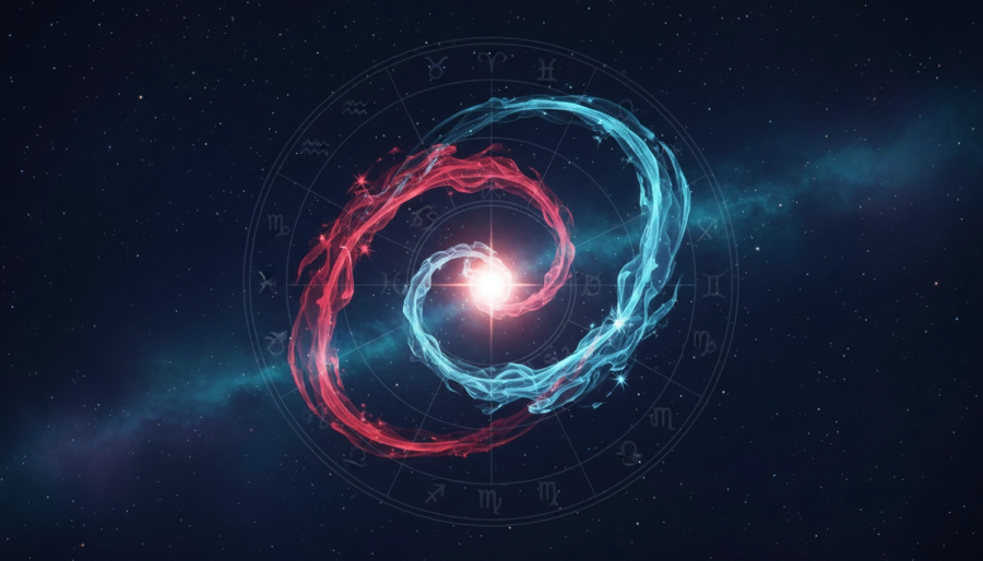 Astrology wheel linking two fire points with a harmonious line of light