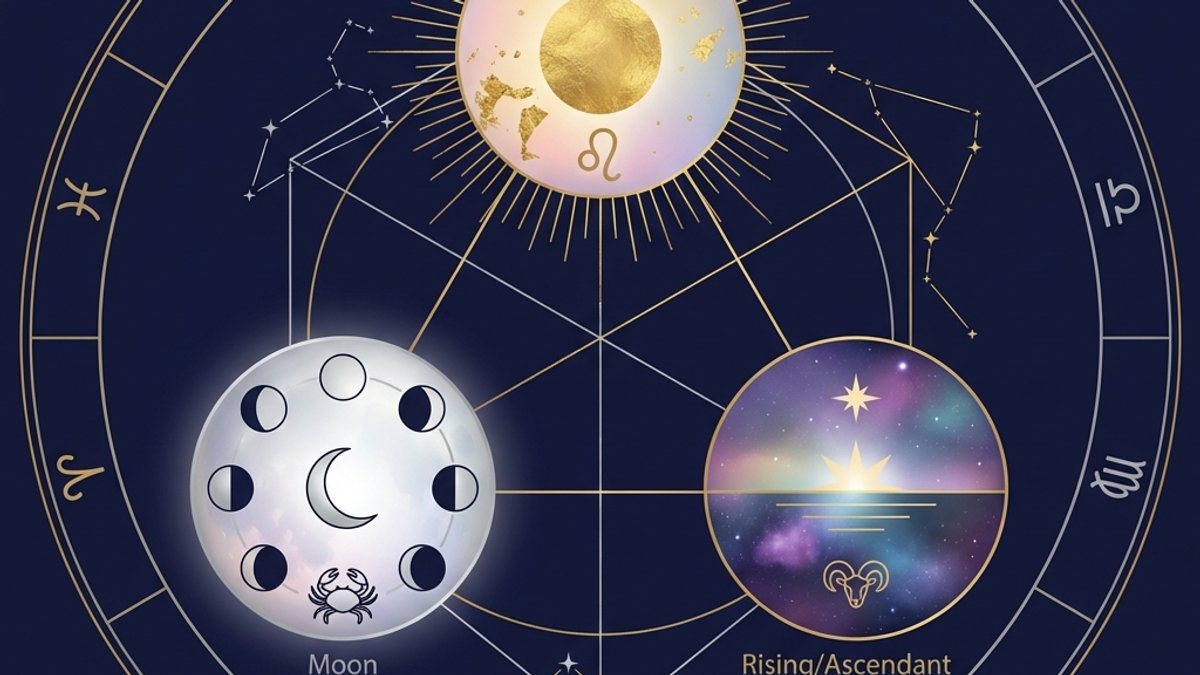 Sun Moon Rising sign calculator illustration showing three celestial bodies representing the Big Three in astrology