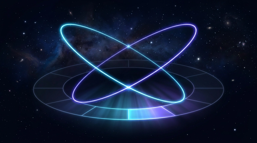 Two planetary orbits crossing over a zodiac wheel symbolizing the double transit and a marriage transit timeline