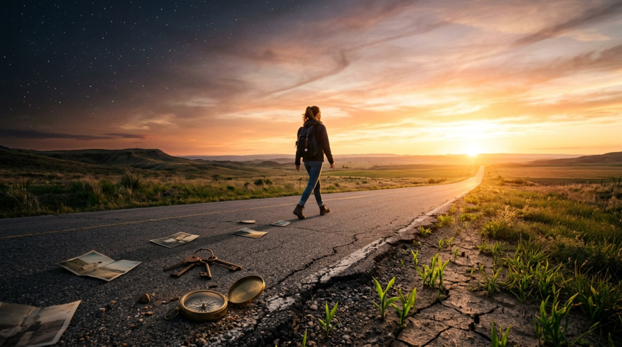 Person walking toward sunrise on open road leaving old life behind representing new beginnings after Saturn return