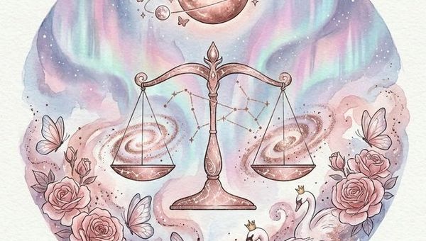 Libra zodiac sign scales of justice with Venus planet swans roses and butterflies in rose gold and lavender cosmic setting